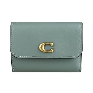 【COACH】COACH 金字C金屬LOGO皮革三折扣式短夾(鼠尾草綠)