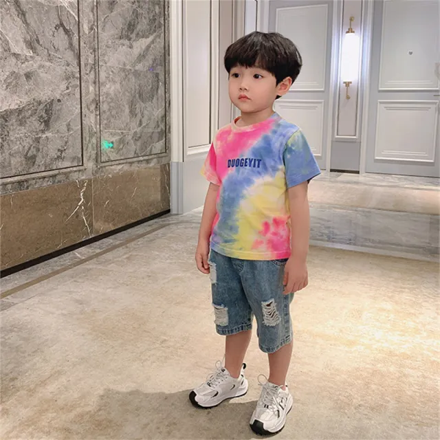 【安朵童舖】現貨韓版兒童紮染短袖染印上衣男童休閒短袖T恤短袖圓領上衣童裝(10)