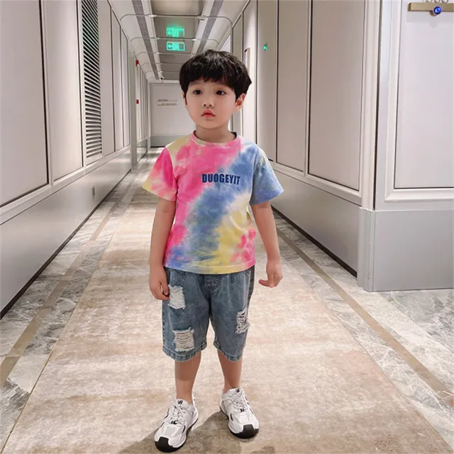 【安朵童舖】現貨韓版兒童紮染短袖染印上衣男童休閒短袖T恤短袖圓領上衣童裝(10)