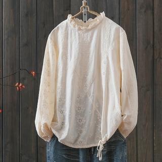 【ACheter】緹花刺繡蕾絲上衣收下擺套頭公主襯衫防曬長袖中長#124523(白/杏/藏青)