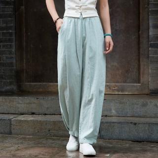 【ACheter】棉麻寬鬆休閒長褲大碼復古燈籠高腰#124545(黑/灰/杏/綠)