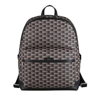 【BALLY】BALLY Pennant三角旗印花塗層帆布小牛皮邊飾後揹包(黑x褐)