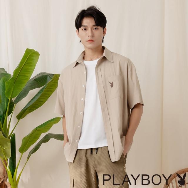 【PLAYBOY】OVERSIZE短袖塑型襯衫(灰杏色)