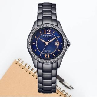 【CITIZEN 星辰】綺麗世界光動能晶鑽女錶 黑藍 29mm(FE1255-84L)