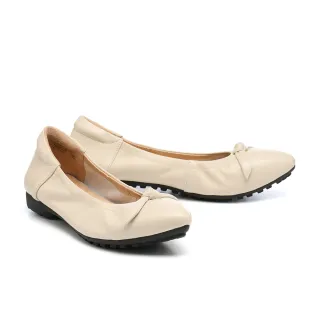 【MELROSE】美樂斯 內斂扭結皮花全真皮尖頭Q軟娃娃低跟鞋(米白)