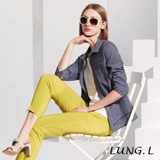 【LUNG.L 林佳樺】LR89A藍色棉質細條紋拼接七分袖女裝襯衫(春夏新品 加大尺碼)