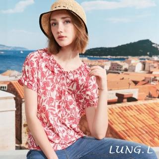 【LUNG.L 林佳樺】LS27A桃紅色印花領綁結Aline短袖女裝上衣(春夏新品 加大尺碼)