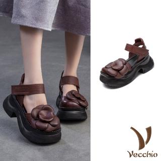 【Vecchio】真皮涼鞋 厚底涼鞋/全真皮頭層牛皮立體大花朵復古厚底涼鞋(棕)