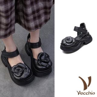 【Vecchio】真皮涼鞋 厚底涼鞋/全真皮頭層牛皮立體大花朵復古厚底涼鞋(黑)