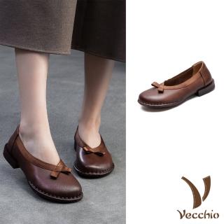 【Vecchio】真皮跟鞋 低跟跟鞋/真皮頭層牛皮小圓頭細緻滾邊蝴蝶結低跟鞋(棕)