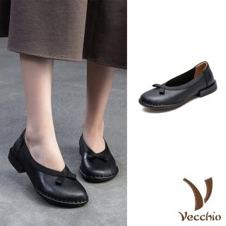 【Vecchio】真皮跟鞋 低跟跟鞋/真皮頭層牛皮小圓頭細緻滾邊蝴蝶結低跟鞋(黑)