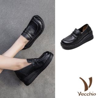 【Vecchio】真皮樂福鞋 厚底樂福鞋/真皮頭層牛皮復古坡跟厚底百搭樂福鞋(黑)