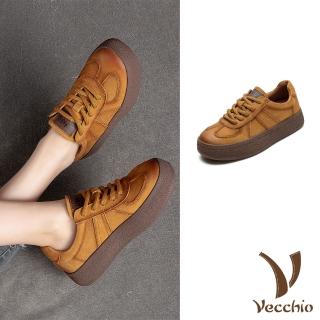 【Vecchio】真皮休閒鞋 厚底休閒鞋/全真皮頭層牛皮百搭純色拼接厚底休閒鞋(黃)