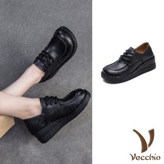 【Vecchio】真皮休閒鞋 厚底休閒鞋/真皮頭層牛皮兩穿法設計坡跟厚底繫帶休閒鞋(黑)