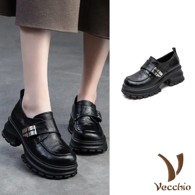 【Vecchio】真皮樂福鞋 厚底樂福鞋/真皮頭層牛皮個性金屬釦粗跟厚底小皮鞋 樂福鞋(黑)