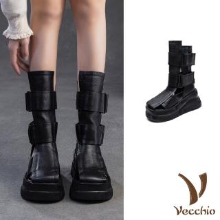【Vecchio】真皮涼鞋 厚底涼鞋/全真皮頭層牛皮個性縷空魔鬼粘厚底長筒羅馬涼鞋 涼靴(黑)