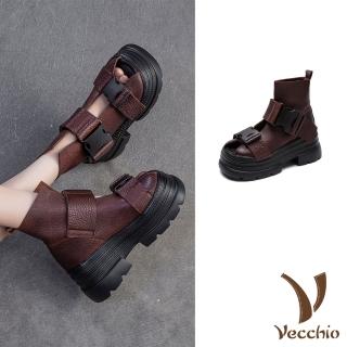 【Vecchio】真皮涼鞋 厚底涼鞋/全真皮頭層牛皮復古雙皮帶釦飾厚底羅馬涼鞋(棕)