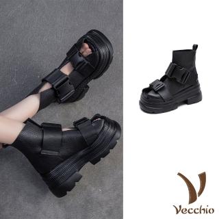 【Vecchio】真皮涼鞋 厚底涼鞋/全真皮頭層牛皮復古雙皮帶釦飾厚底羅馬涼鞋(黑)