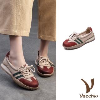 【Vecchio】真皮休閒鞋 平底休閒鞋/真皮頭層牛皮復古撞色線條拼接平底休閒鞋(紅)