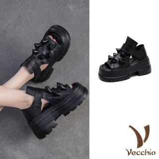 【Vecchio】真皮涼鞋 厚底涼鞋/全真皮頭層牛皮復古立體小尖刺厚底涼鞋(黑)