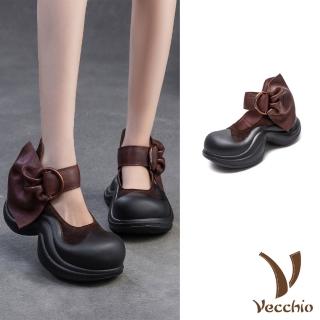 【Vecchio】真皮涼鞋 厚底涼鞋/全真皮頭層牛皮復古個性一字帶厚底涼鞋(棕)