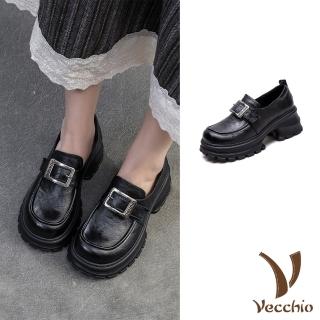 【Vecchio】真皮樂福鞋 厚底樂福鞋/真皮頭層牛皮復古皮帶扣造型粗跟厚底樂福鞋(黑)