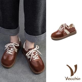 【Vecchio】真皮休閒鞋 平底休閒鞋/真皮頭層牛皮異材質復古撞色拼接平底休閒鞋(棕)