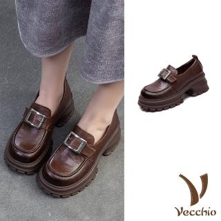 【Vecchio】真皮樂福鞋 厚底樂福鞋/真皮頭層牛皮復古皮帶扣造型粗跟厚底樂福鞋(棕)