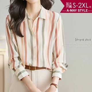 【艾美時尚】中大尺碼女裝 上衣 復古繽紛條紋修身長袖襯衫。S-2XL(條紋.預購)