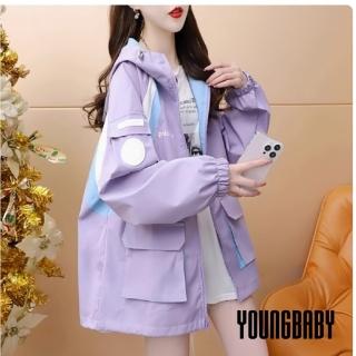 【YOUNGBABY】立體大口袋三色拼接連帽防風冷氣房外套 中大尺碼女裝