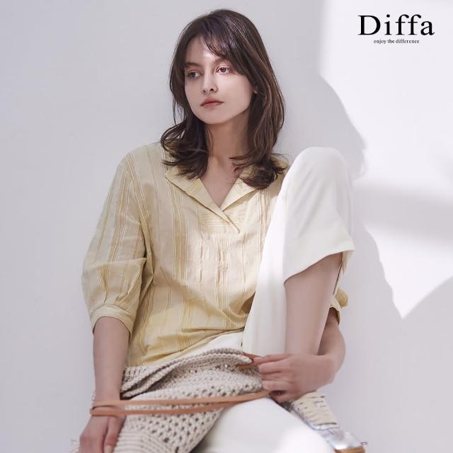 【Diffa】黃條翻領設計上衣-女