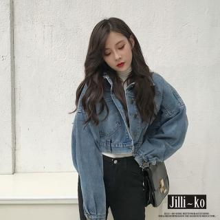 【JILLI-KO】INS風復古寬鬆短款牛仔外套夾克-L/XL(藍)