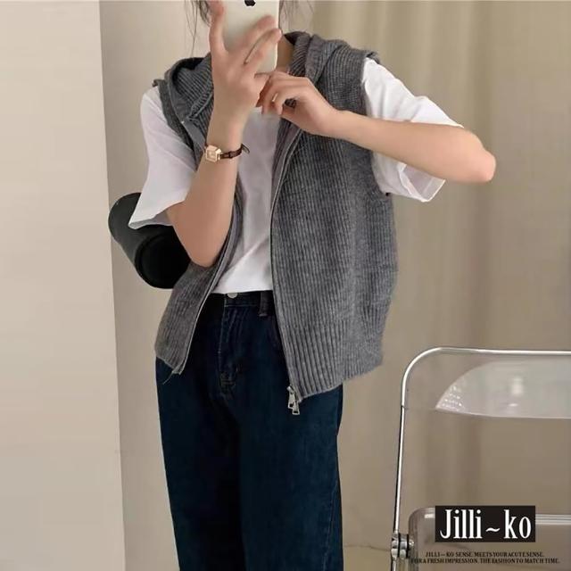 【JILLI-KO】雙拉鍊無袖坎肩連帽針織開衫-F(黑/灰)