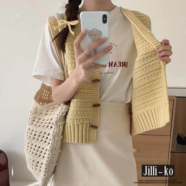 【JILLI-KO】學院風牛角扣針織開衫馬甲-F(黃/灰)