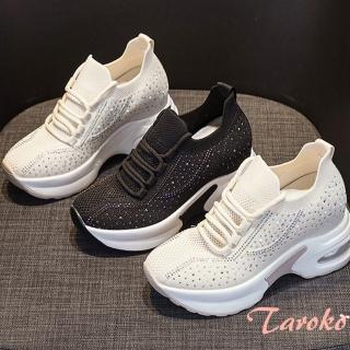 【Taroko】點點水玉晶鑽鏤空透氣厚底網面休閒鞋(2色可選)