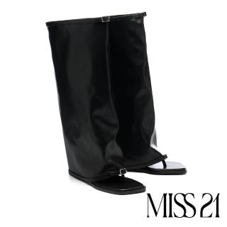 【MISS 21】冷酷太空少女皮革褲管方頭人字高跟涼鞋(黑)