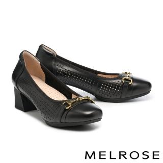 【MELROSE】美樂斯 雲朵後跟 時尚質感馬銜釦沖孔牛皮方頭高跟鞋(黑)