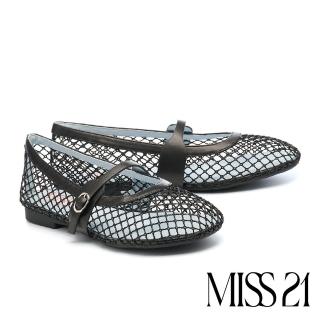 【MISS 21】可愛小美好漁網芭蕾大頭瑪莉珍低跟鞋(黑)