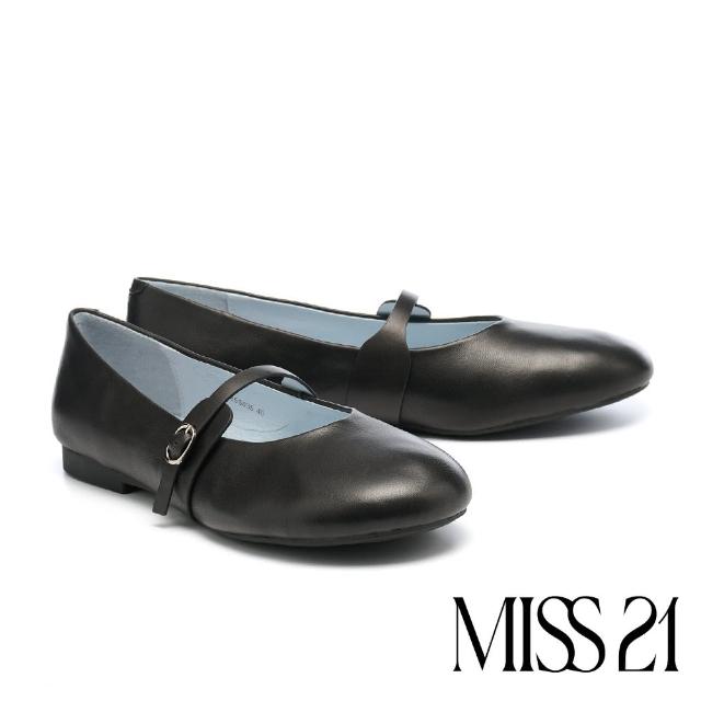 【MISS 21】復古微甜全真皮純色芭蕾大頭瑪莉珍低跟鞋(黑)