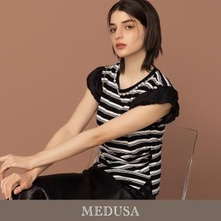 【MEDUSA 曼度莎】現貨-珍珠串橫紋擴肩上衣（M-XL）｜女短袖上衣 媽媽禮服(605-30501)