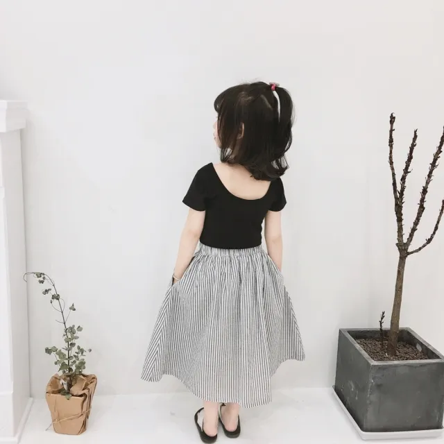 【橘魔法】黑色圓領短袖上衣＋條紋大圓裙 套裝(親子裝 裙子 中長裙 大童 大人 兒童 女童 童裝)