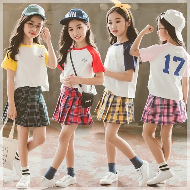 【橘魔法】插肩短袖上衣+百褶格子褲裙 套裝(運動套裝 小童 制服 學院風 童裝 女童 兒童)