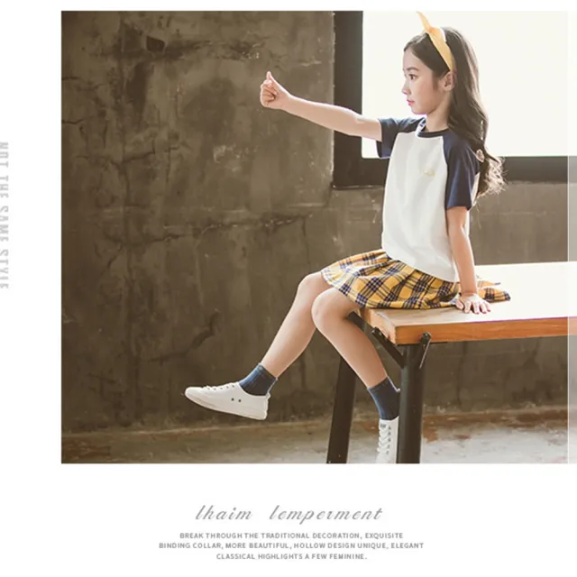 【橘魔法】插肩短袖上衣+百褶格子褲裙 套裝(運動套裝 小童 制服 學院風 童裝 女童 兒童)