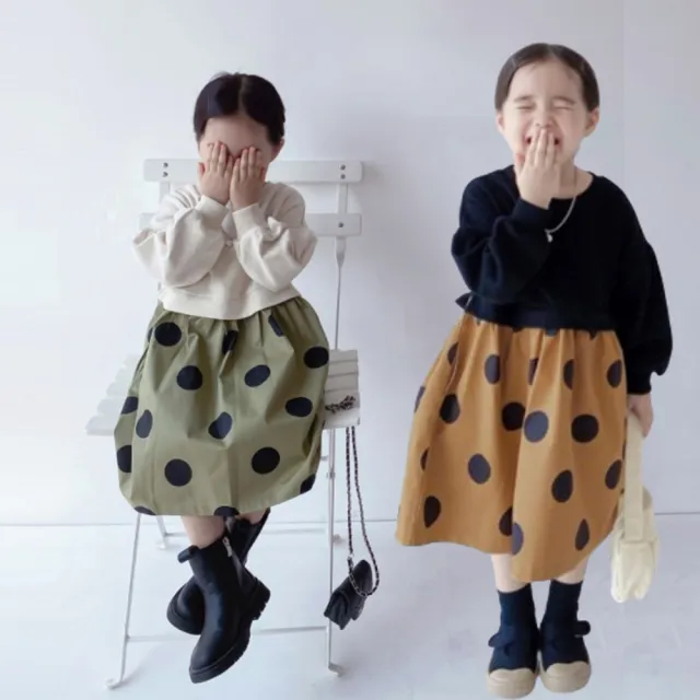 【橘魔法】大波點拼接衛衣洋裝(蓬蓬袖 連身洋裝 連衣裙 連身裙 女童 童裝 親子裝 兒童)