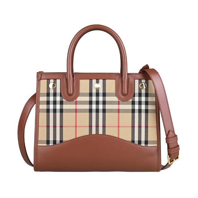 【BURBERRY 巴寶莉】BURBERRY Title經典內裡燙金LOGO都市格紋設計帆布拼小牛皮釦帶式手提斜背包(駝x米格紋)