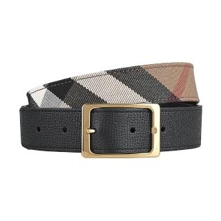 【BURBERRY 巴寶莉】BURBERRY壓印LOGO英倫格紋帆布拼牛皮雙面扣式皮帶(窄版/駝棕x黑)