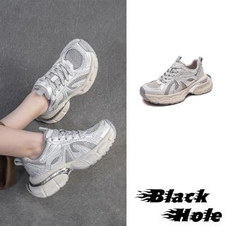 【BLACKHOLE】厚底運動鞋/透氣網面潮流拼接個性厚底運動鞋(灰)