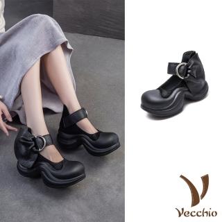 【Vecchio】真皮涼鞋 厚底涼鞋/全真皮頭層牛皮復古個性一字帶厚底涼鞋(黑)