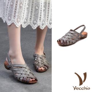 【Vecchio】真皮涼鞋 交叉涼鞋/全真皮頭層牛皮交叉縷空編織經典涼鞋(灰)
