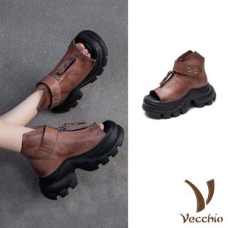 【Vecchio】真皮涼鞋 厚底涼鞋/真皮頭層牛皮復古設計個性露趾厚底羅馬涼鞋(咖)